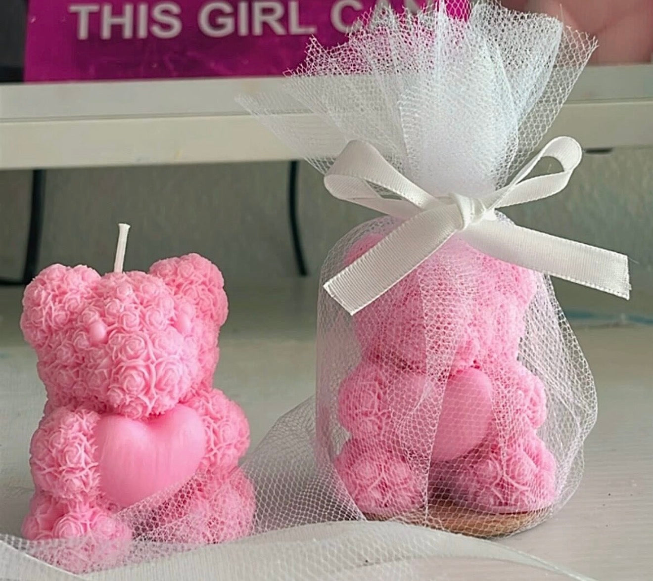 Custom Rose Teddy Trio on Coasters | Tulle Wrapped Gift Set