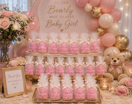 25 Teddies on coaster wrapped with tulle and bow finish